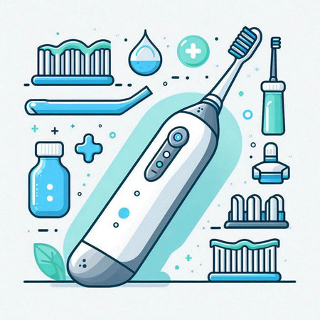 Electric toothbrush and dental tools. Vector illustration in line art style.のイラスト素材