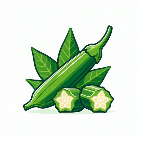 Illustration of fresh okra with green leaves on a white backgroundのイラスト素材