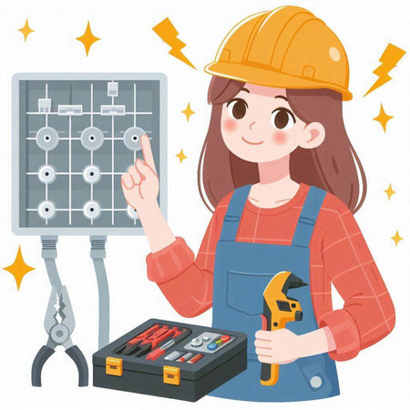 Female worker with a socket and tools. Vector illustration in cartoon style.のイラスト素材