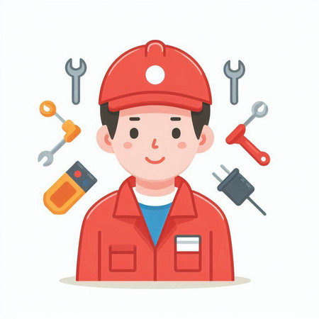 Cartoon mechanic man with tools on white background. Vector illustration.のイラスト素材
