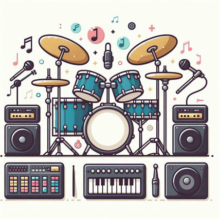 Drums set. Vector illustration in flat style. Isolated on white background.のイラスト素材