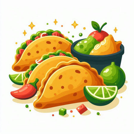 Mexican empanadas with guacamole and lime. Vector illustrationのイラスト素材