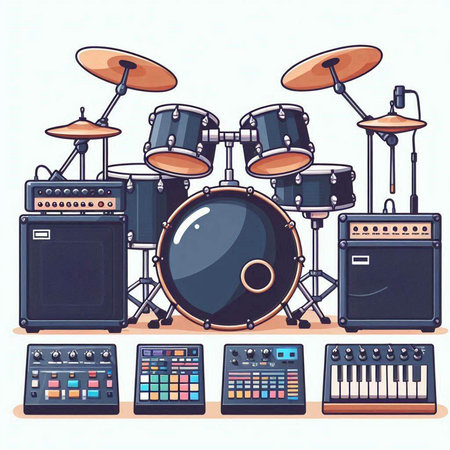 Set of musical instruments. Drum kit, synthesizer, dj mixer and sound mixer. Vector illustration.のイラスト素材