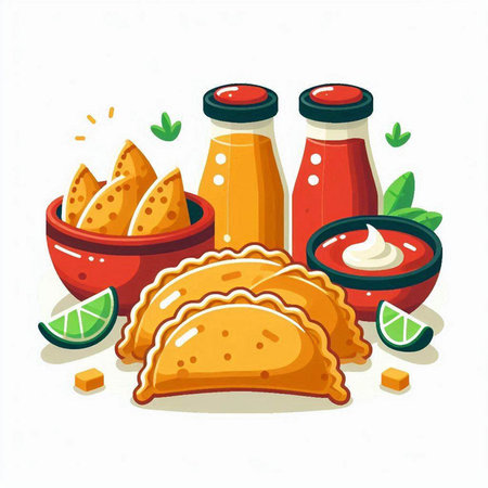 Mexican food vector illustration. Nachos, guacamole, salsa, guacamole, burritoのイラスト素材