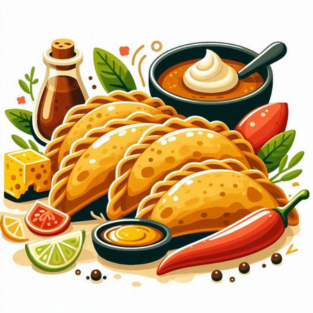 Illustration of empanadas with sauce and vegetables. Vector illustrationのイラスト素材