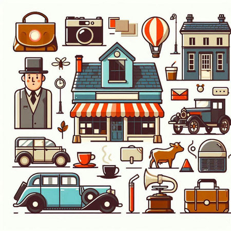 Retro city icons set. Vector illustration in flat cartoon style.のイラスト素材