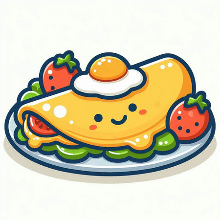 Cute omelette with egg and strawberries. Vector illustration.のイラスト素材