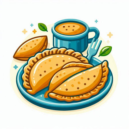 Illustration of a set of empanadas with a cup of coffeeのイラスト素材