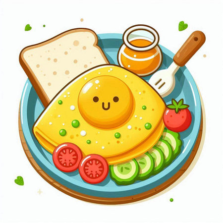 Funny scrambled eggs on plate with toast and vegetables. Vector illustration.のイラスト素材