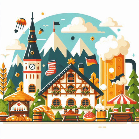 Vector illustration of Christmas market in the town. Happy New Year and Merry Christmas.のイラスト素材