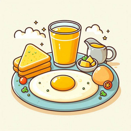 Breakfast with fried egg, pancakes and orange juice. Vector illustration.のイラスト素材