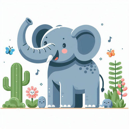 Cute elephant on the background of cactuses. Vector illustration.のイラスト素材