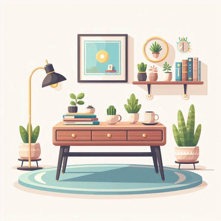 Vector illustration of modern living room interior with furniture, plants, books, lamp, potted plants. Flat style design.のイラスト素材
