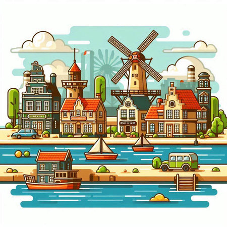 Traditional houses and windmill on the bank of the river. Vector illustration.のイラスト素材