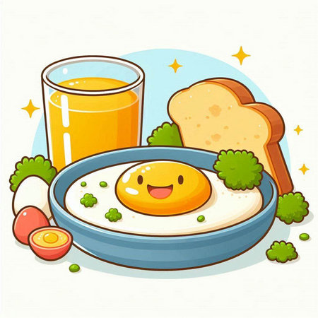 Funny breakfast with fried egg, toast and juice. Vector illustration.のイラスト素材