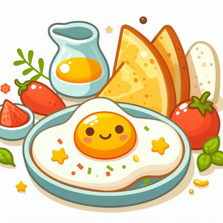 Fried egg in a plate with vegetables. Vector cartoon illustration.のイラスト素材