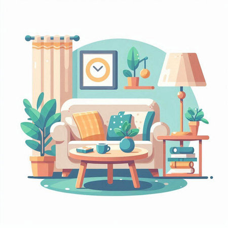 Living room interior with sofa, armchair, coffee table, lamp and houseplant. Flat vector illustration.のイラスト素材