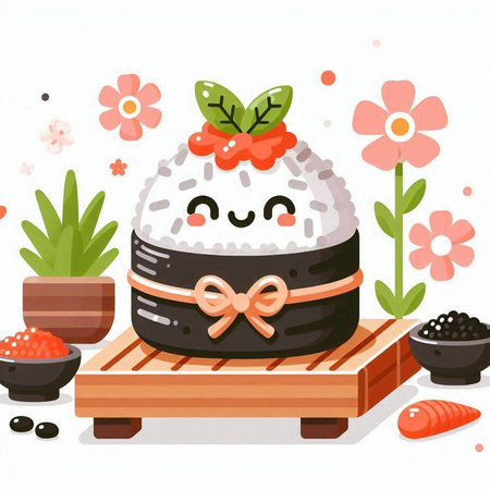 Illustration of a Japanese sushi on a wooden tray with flowers.のイラスト素材