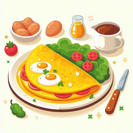 Illustration of omelette with fried eggs and vegetables on plateのイラスト素材