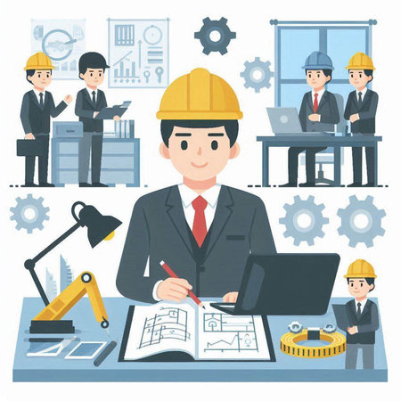 Vector illustration of a businessman in a helmet working on a project.のイラスト素材