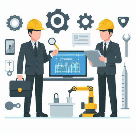 Engineer and architect working on a project. Vector illustration in flat styleのイラスト素材