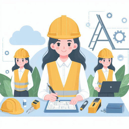 Engineer woman working in construction site. Vector illustration in cartoon style.のイラスト素材