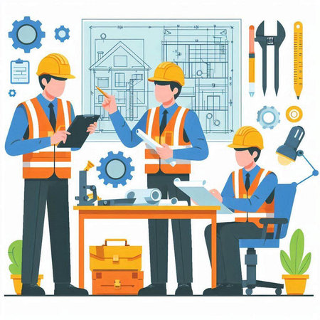 Architects working on construction site. Vector illustration in flat styleのイラスト素材
