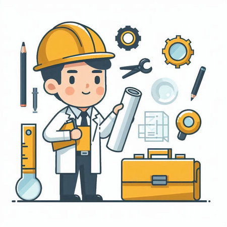Architect working with construction equipment. Vector illustration in cartoon style.のイラスト素材
