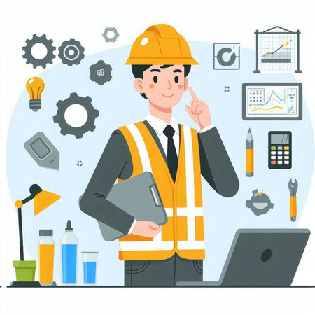 Engineer in hard hat with laptop. Vector illustration in flat styleのイラスト素材