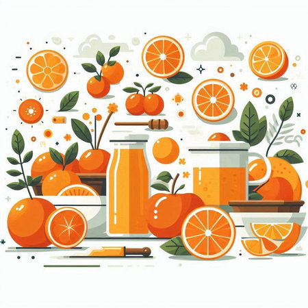 Orange juice in a glass jar, orange slices, honey and leaves. Vector illustration.のイラスト素材