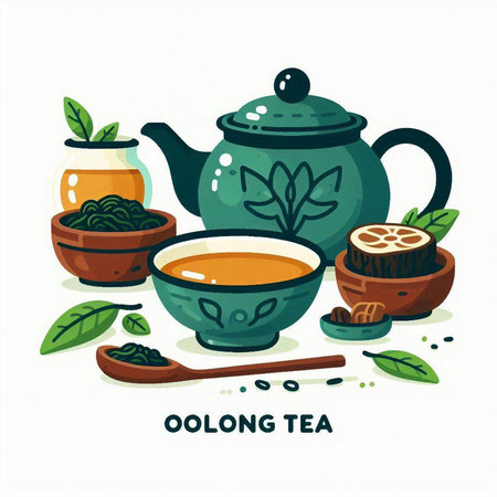 Cup of green tea and teapot. Vector illustration.のイラスト素材