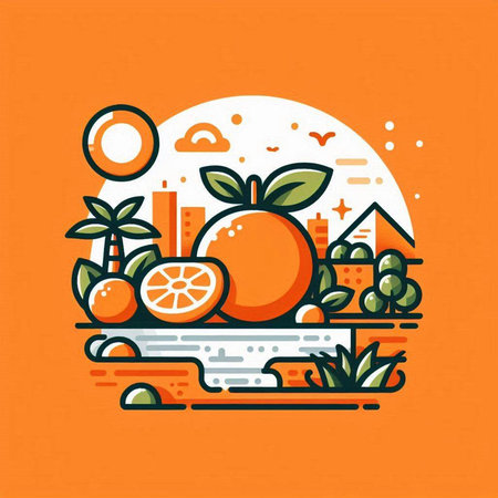 Fruit and vegetables flat line art icon on orange background. Vector illustration.のイラスト素材