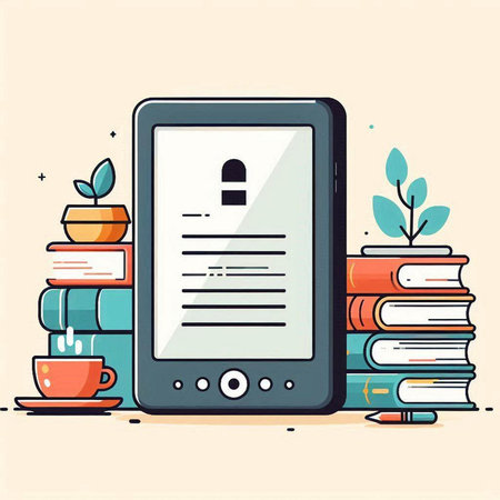 Smartphone with padlock on screen and stack of books. Vector illustration.のイラスト素材