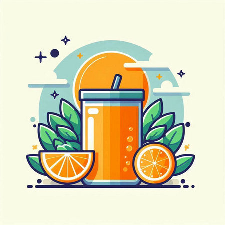 Orange juice in a glass with a straw. Vector illustration in flat style.のイラスト素材