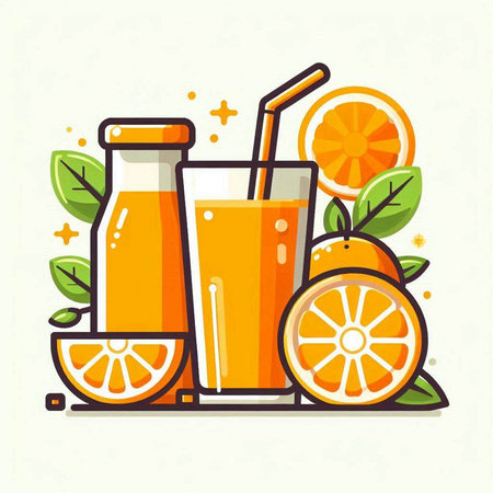 Orange juice in a bottle and glass with a straw. Vector illustration.のイラスト素材
