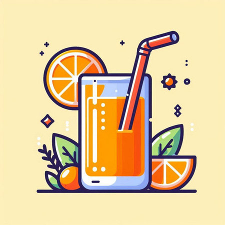 Orange juice in a glass with a straw. Flat vector illustration.のイラスト素材
