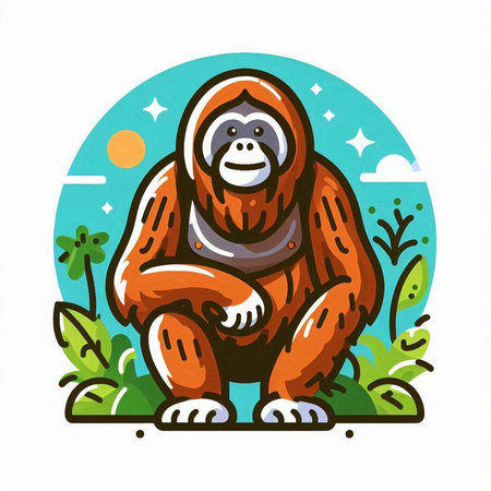 Orangutan sitting on the grass. Vector illustration in cartoon style.のイラスト素材