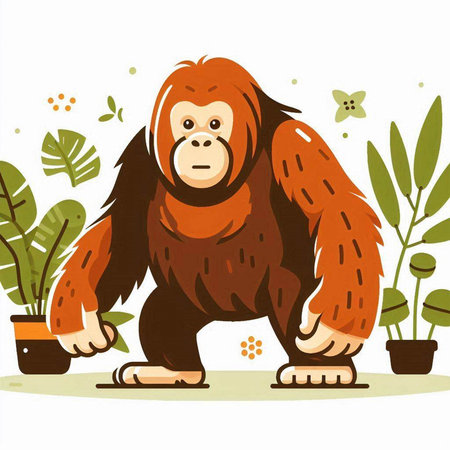 Orangutan with flowerpot in the jungle. Vector illustration.のイラスト素材