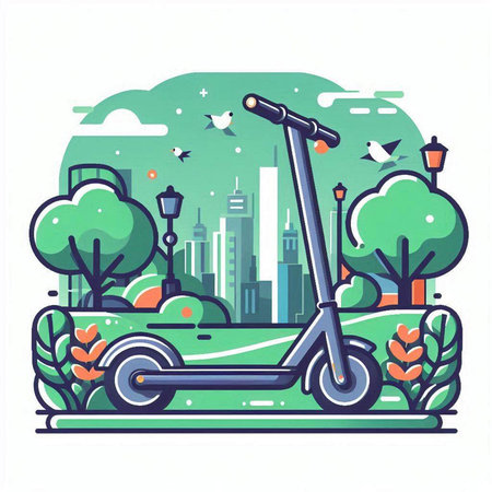 Electric scooter in the city park. Modern flat design vector illustration.のイラスト素材