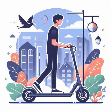 Young man riding electric scooter in the city. Vector flat illustrationのイラスト素材