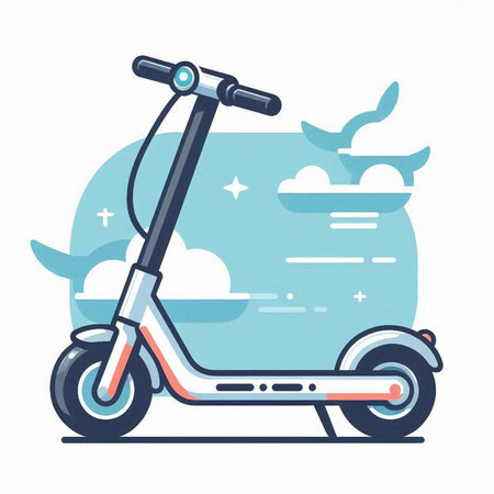 Electric scooter on the background of the sea and sky. Vector illustrationのイラスト素材