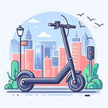 Modern scooter on the background of the city. Vector illustration.のイラスト素材