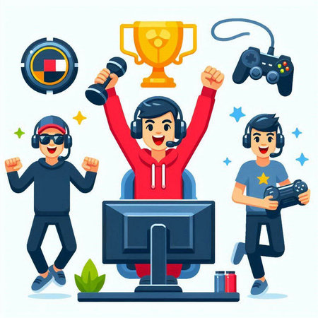 Joyful gamer with hands up, computer monitor, joystick and cup. Flat style vector illustration.のイラスト素材