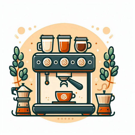 Coffee machine with cups and saucers. Vector illustration.のイラスト素材