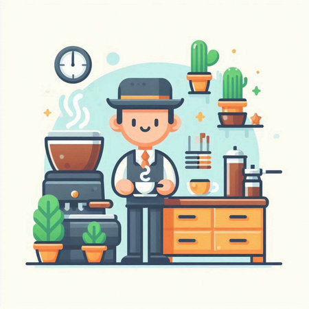 Coffee shop flat vector illustration. Man in a hat and apron sitting at a table with a cup of coffee.のイラスト素材
