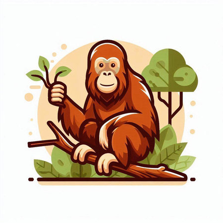 Orangutan with a branch in his hand. Vector illustration.のイラスト素材