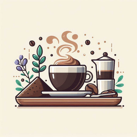 Coffee cup and coffee beans on a wooden tray. Vector illustration.のイラスト素材