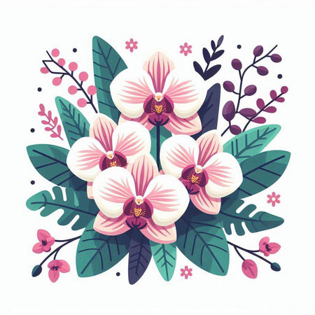 Beautiful blooming orchid flowers with leaves. Vector illustration.のイラスト素材