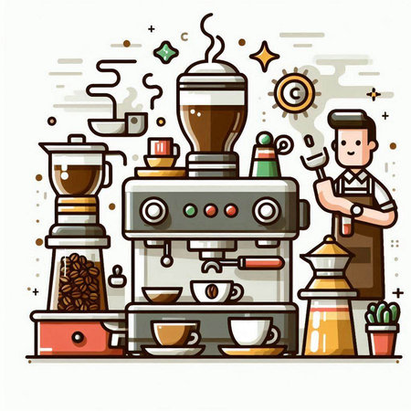 Coffee machine with a man in the background. Vector illustration.のイラスト素材