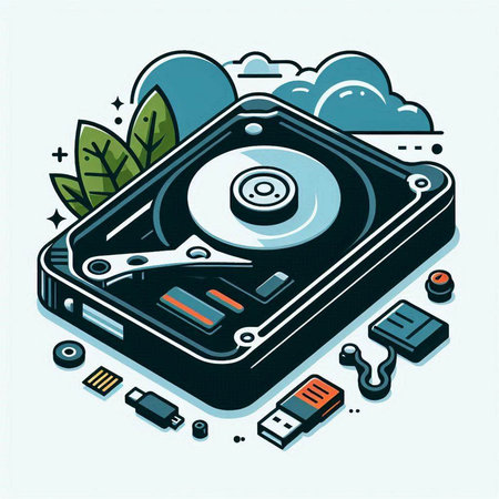 Vector illustration of a hard drive in isometric line art style.のイラスト素材